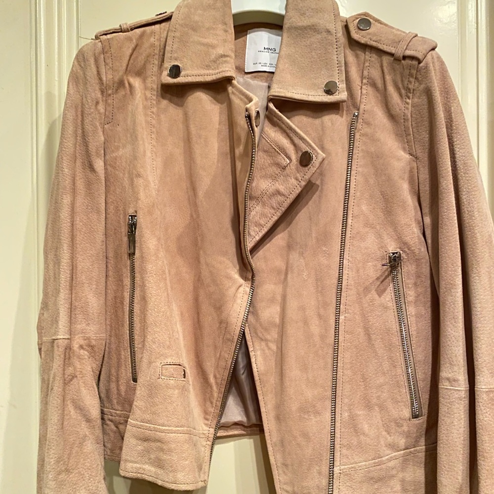 Mango real suede moto jacket in blush nude leather